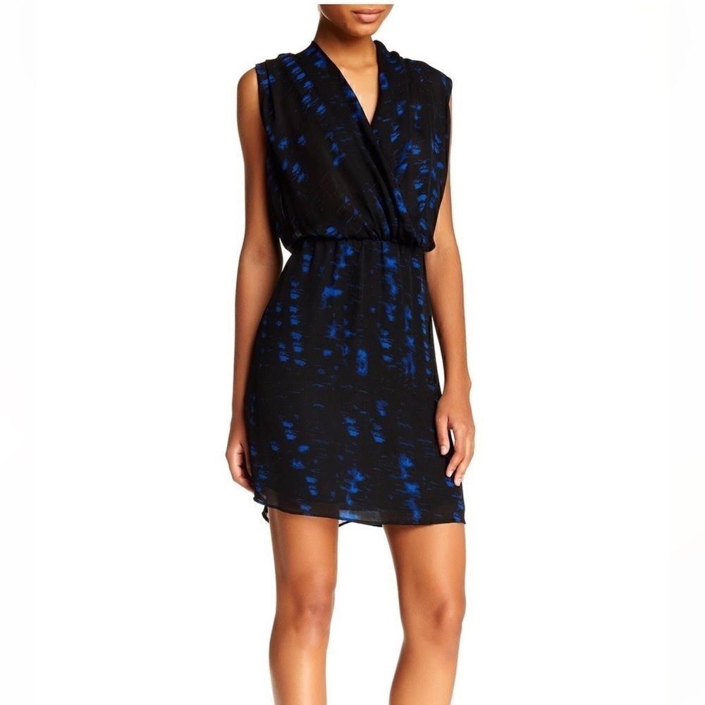 Parker Gamma Blue Plasma Surplice Draped Mini Dress S
